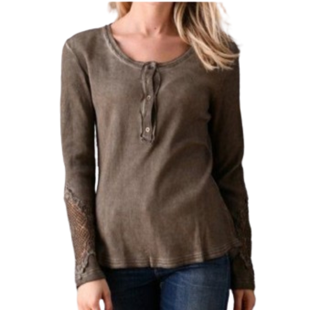 PAPARAZZI Boho Lace Inset Olive Not Your Ordinary Thermal Henley Top NWT